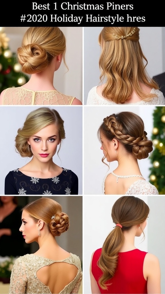 A collection of Christmas dinner hairstyles including chignon, loose waves, braided crown, half-up half-down, and sleek ponytail.